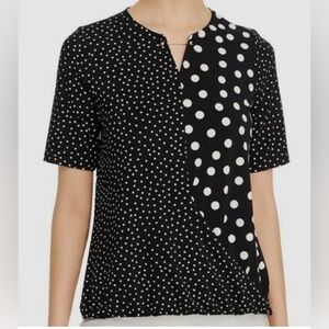 Tahari Women’s Black Polka Dot Elbow Sleeves Crewneck Blouse Top Size Large